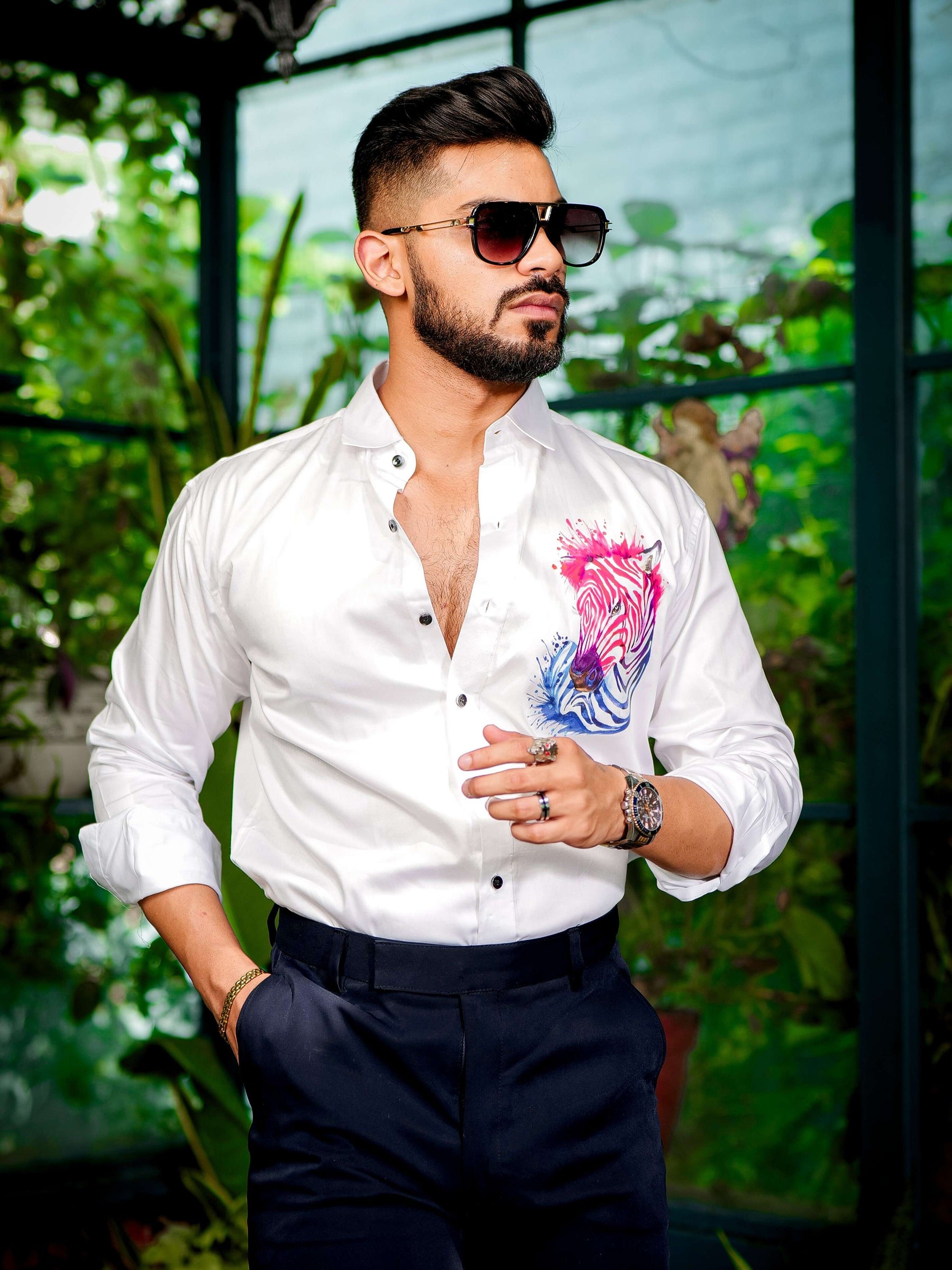 White Club Wear Printed Satin Cotton Shirt