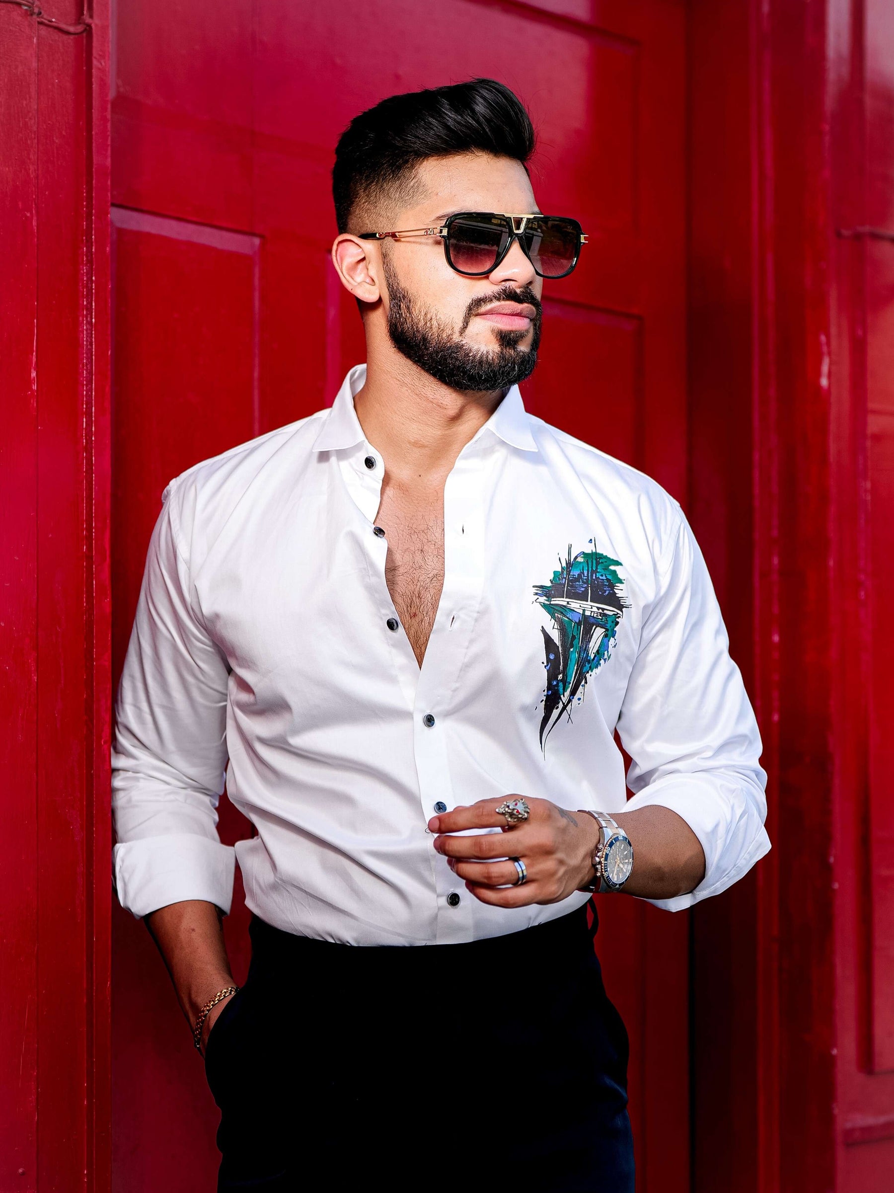 White Club Wear Printed Satin Cotton Shirt