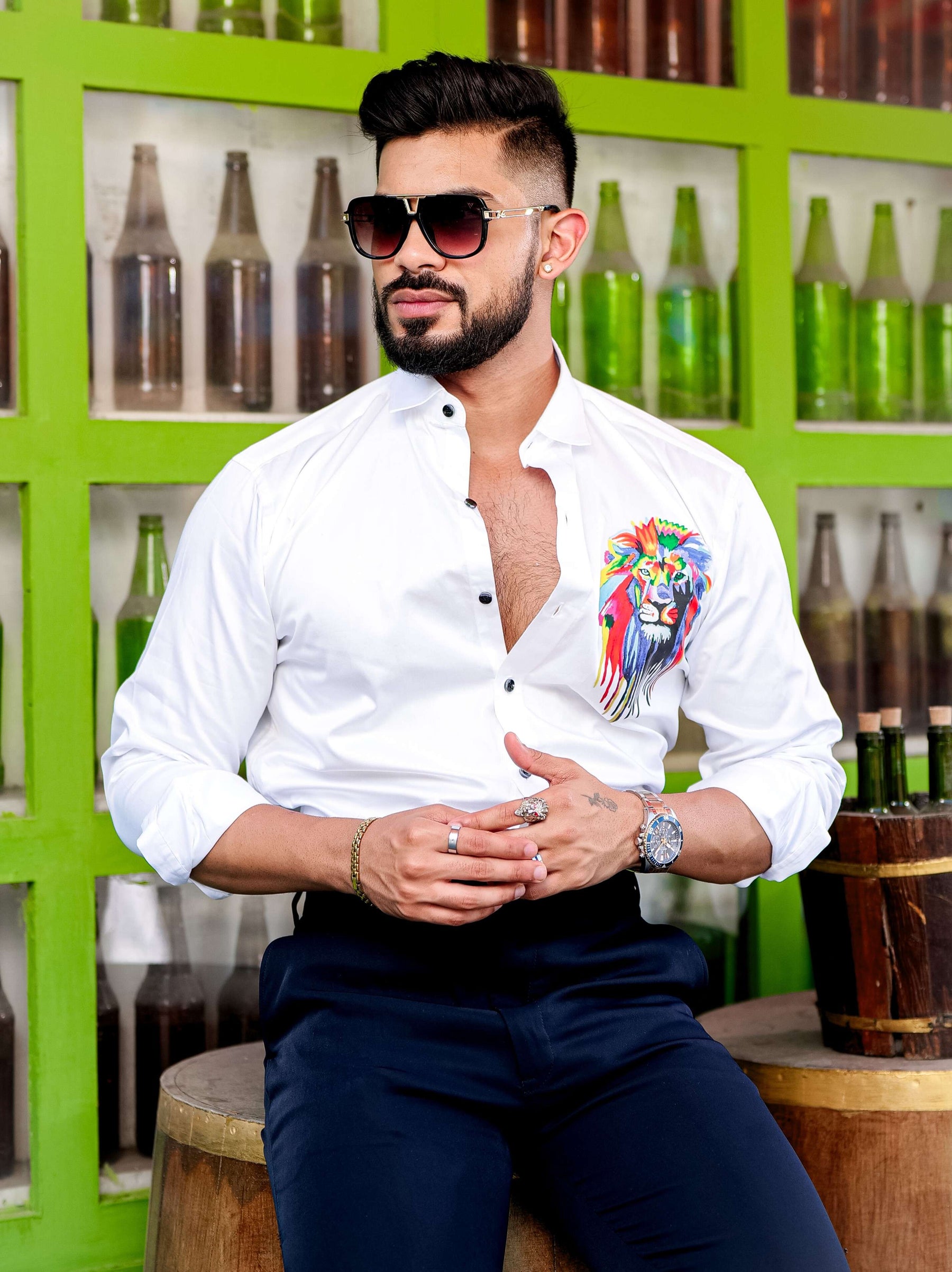 White Club Wear Printed Satin Cotton Shirt