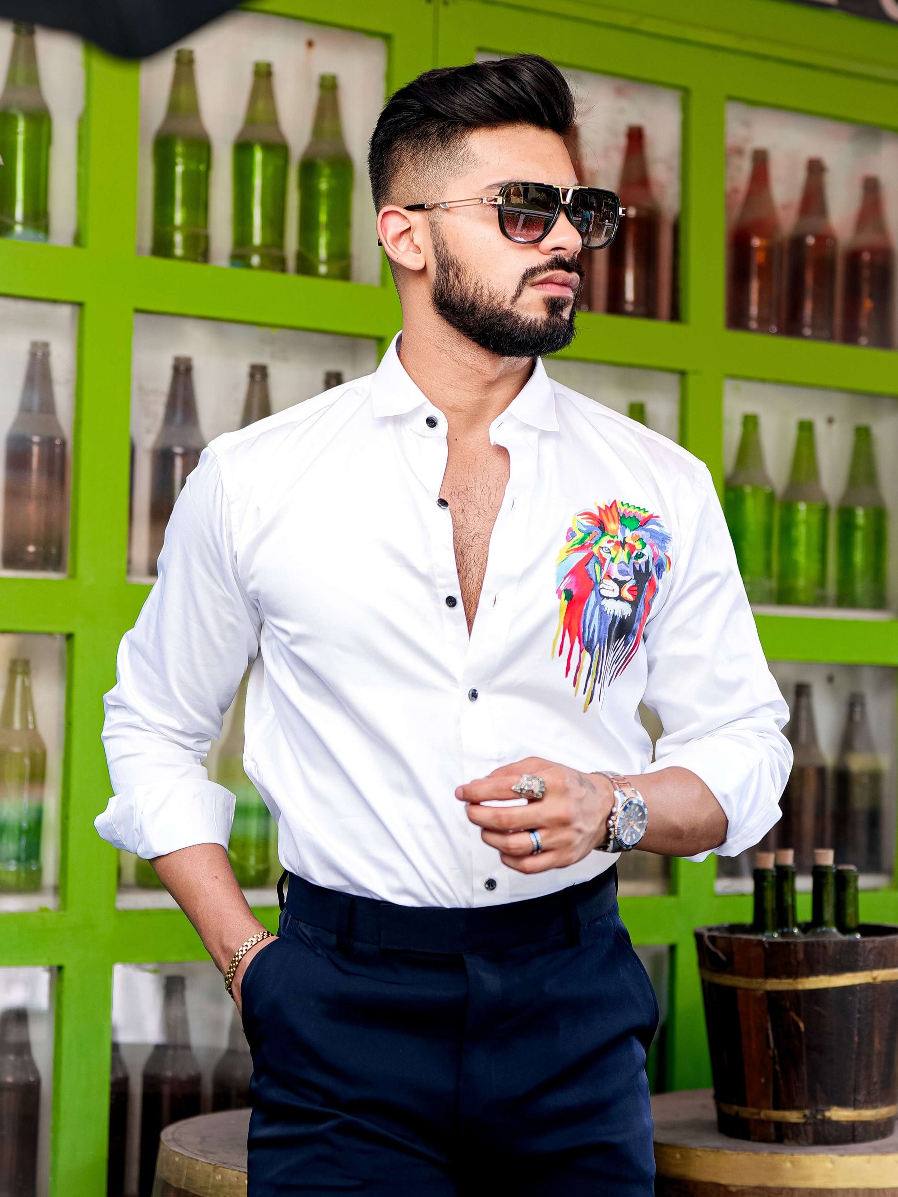 White Club Wear Printed Satin Cotton Shirt