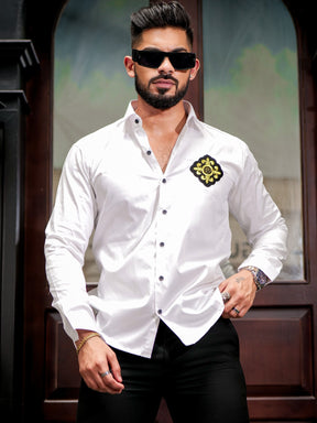 White Embroidery Designer Satin Cotton Shirt