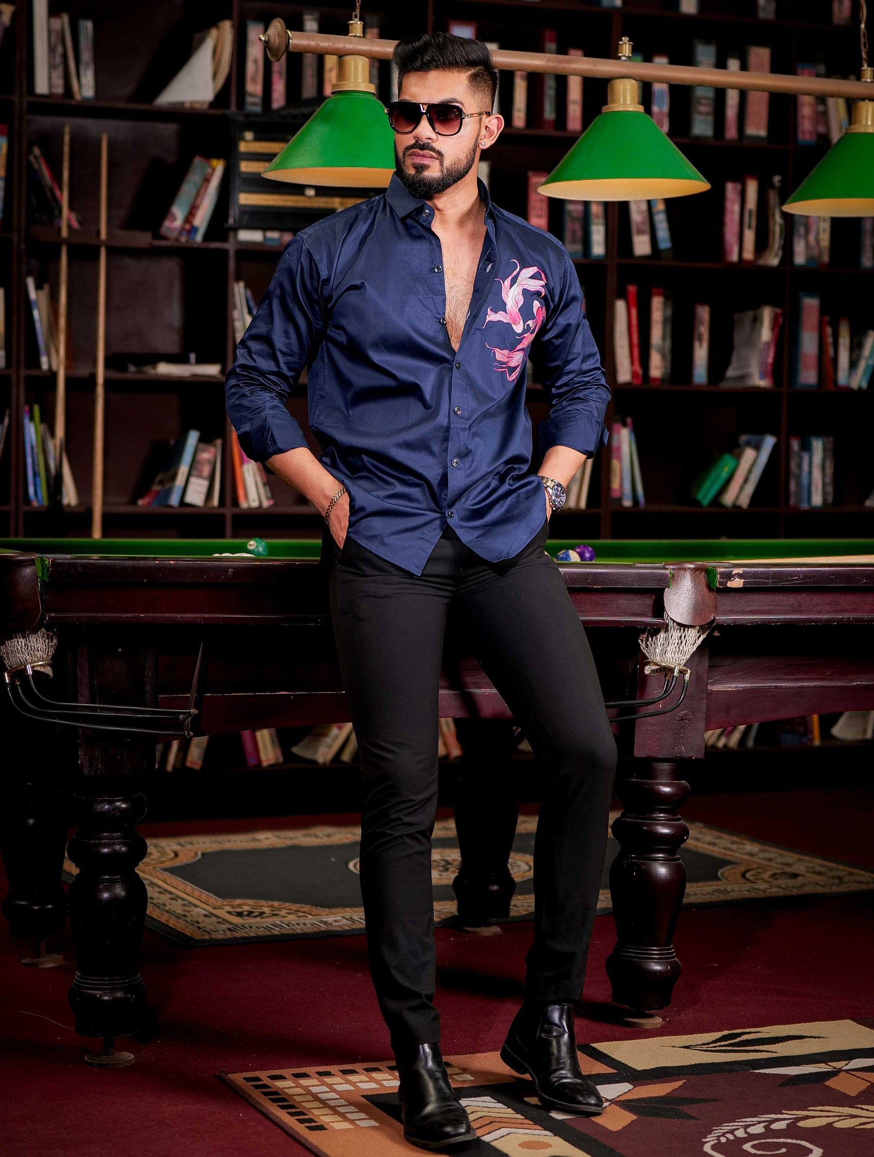 Navy Club Wear Printed Satin Cotton Shirt