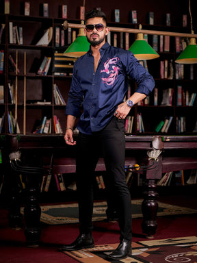 Navy Club Wear Printed Satin Cotton Shirt