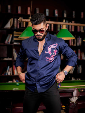 Navy Club Wear Printed Satin Cotton Shirt