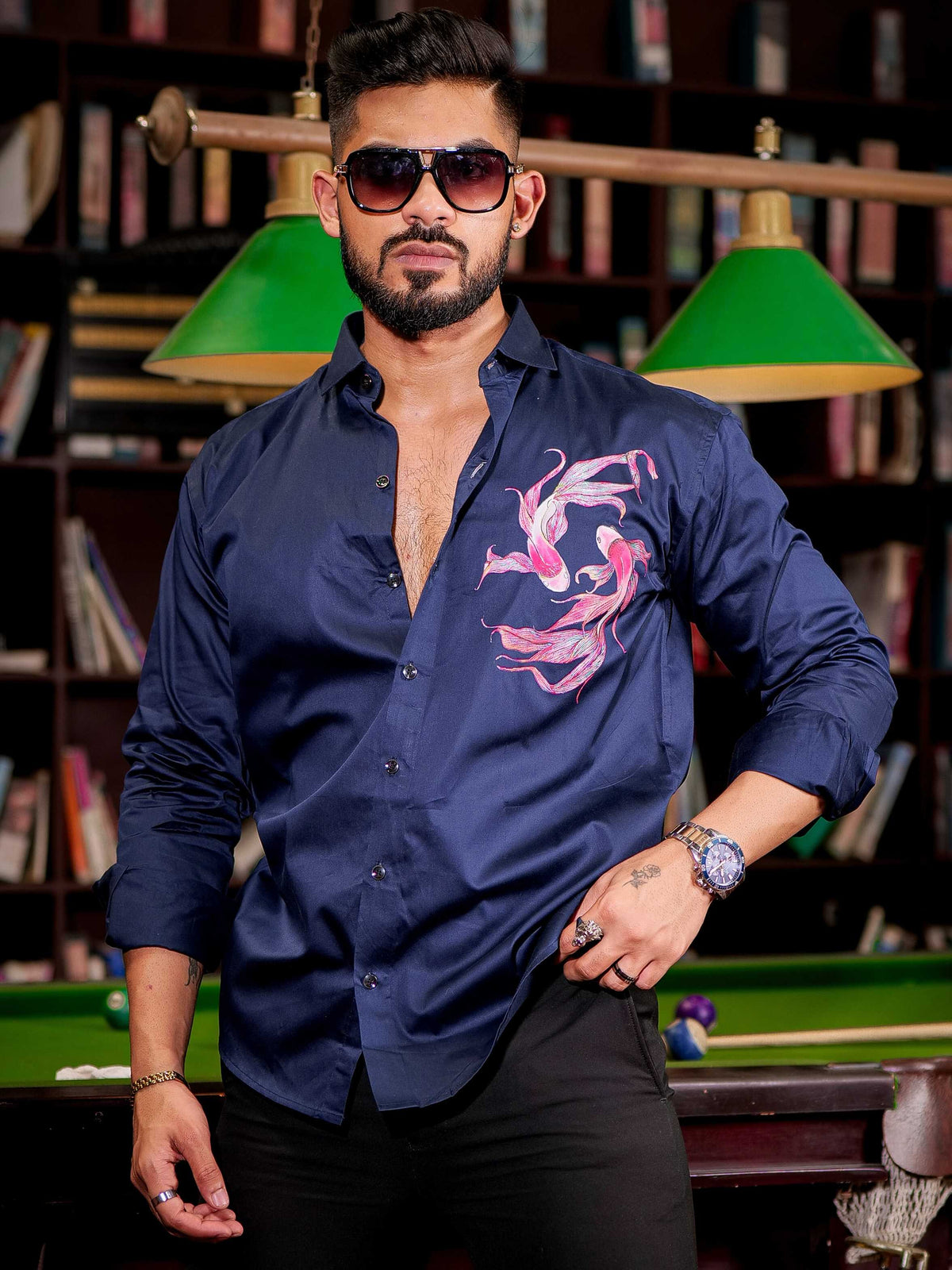 Navy Club Wear Printed Satin Cotton Shirt