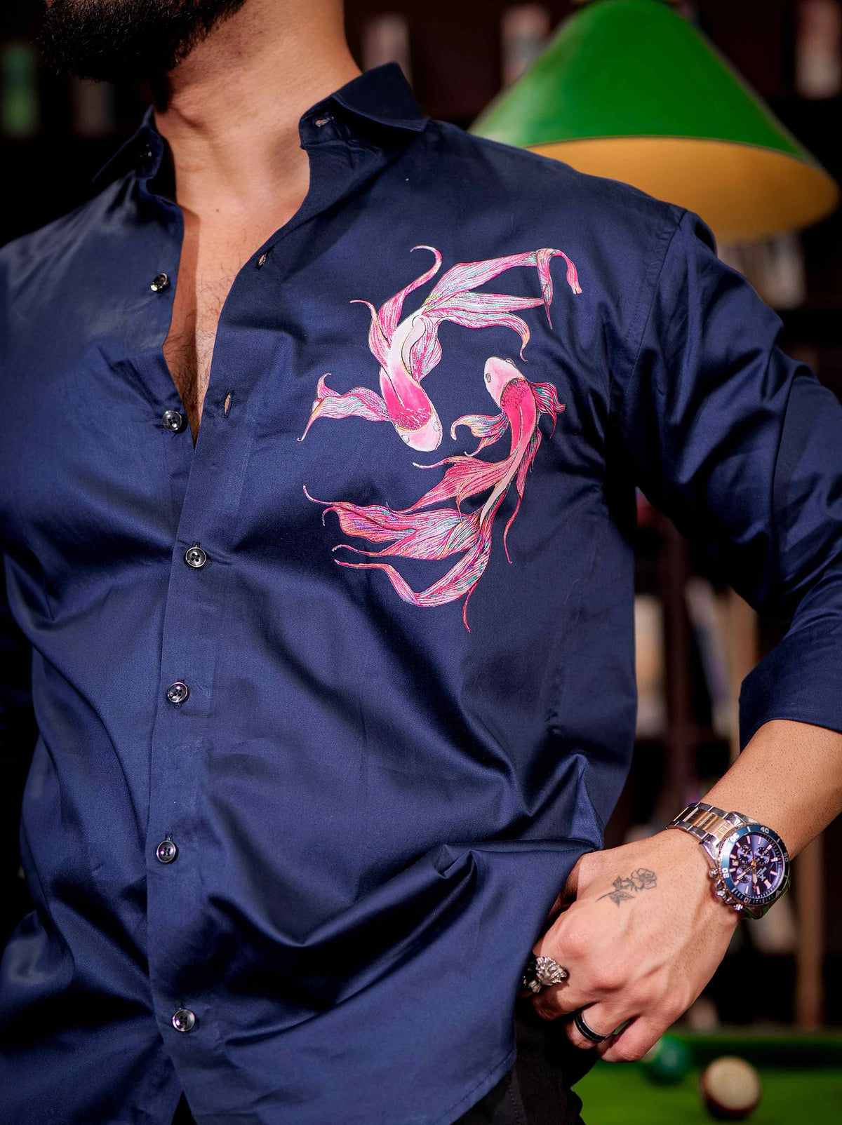 Navy Club Wear Printed Satin Cotton Shirt