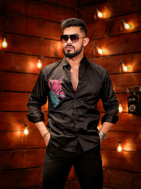 Black ClubWear Printed Satin Cotton Shirt