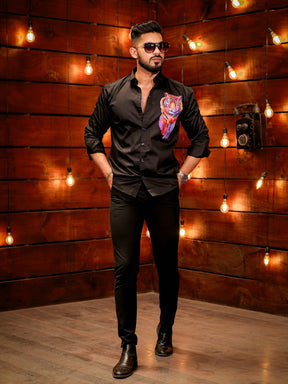 Black Club Wear Printed Satin Cotton Shirt