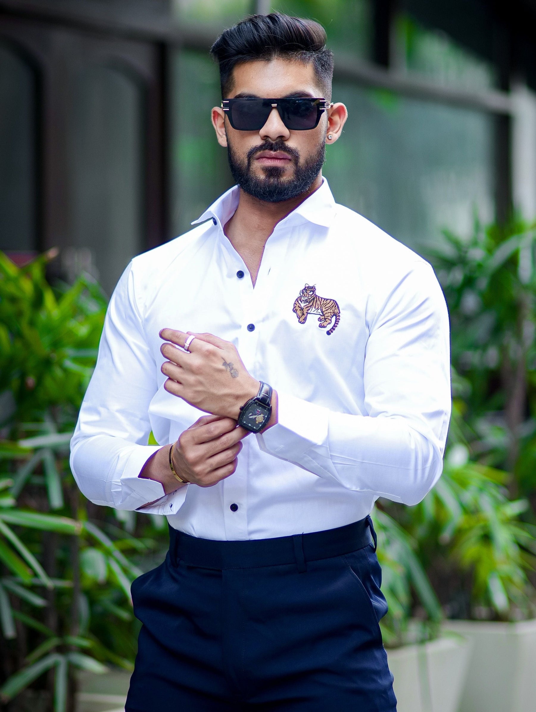 White Subtle Sheen Tiger Cub Embroidered Luxury Premium Satin Cotton Shirt