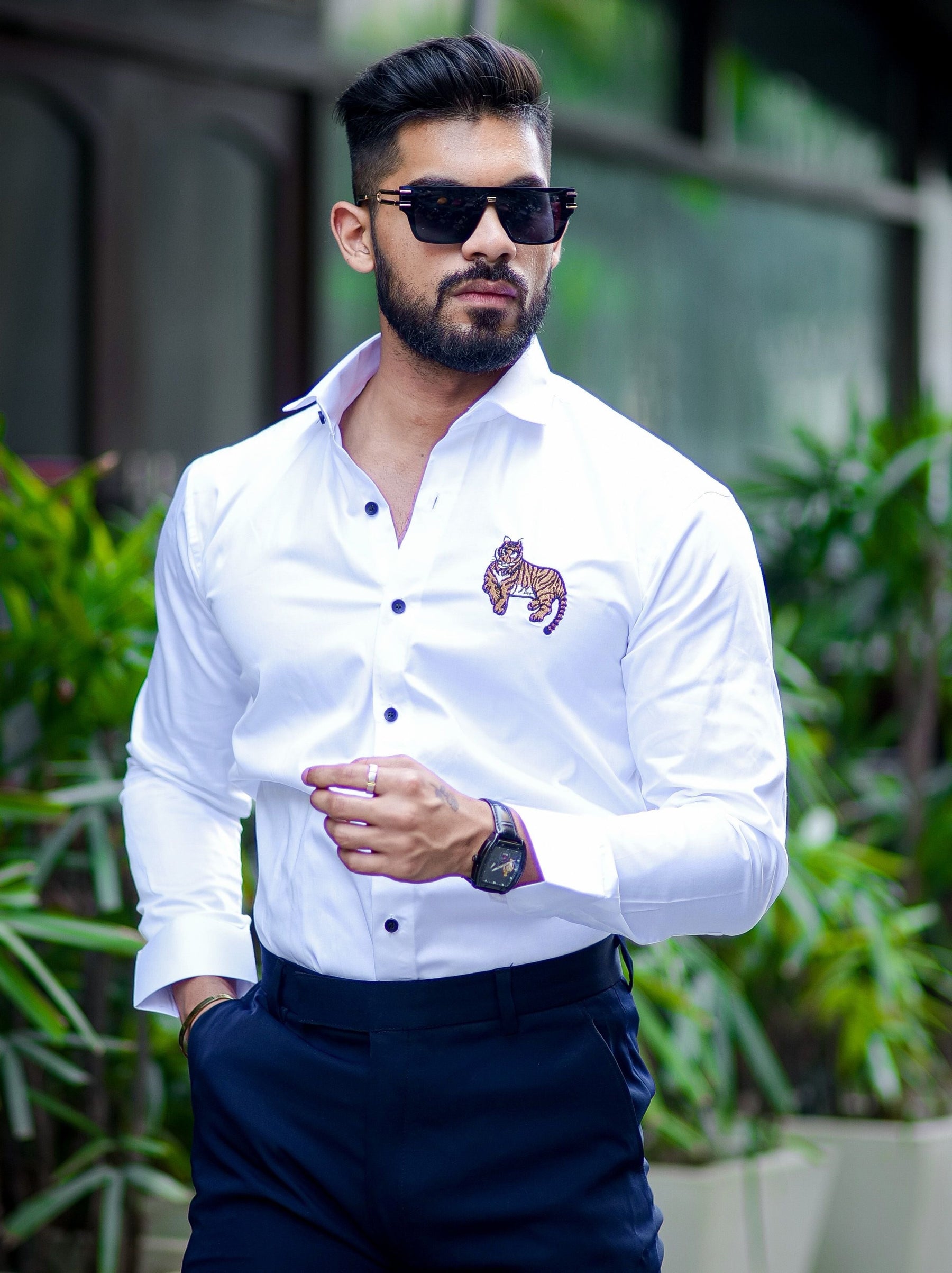 White Subtle Sheen Tiger Cub Embroidered Luxury Premium Satin Cotton Shirt