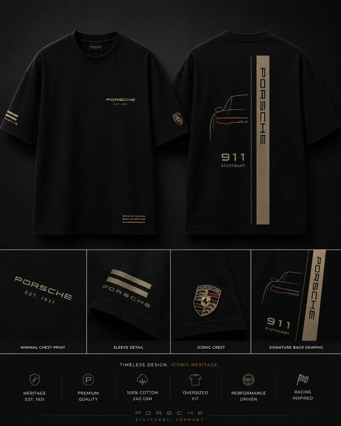 Porsche 911 Stuttgart Oversized Black T-Shirt | Premium Motorsport Streetwear