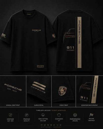 Porsche 911 Stuttgart Oversized Black T-Shirt | Premium Motorsport Streetwear
